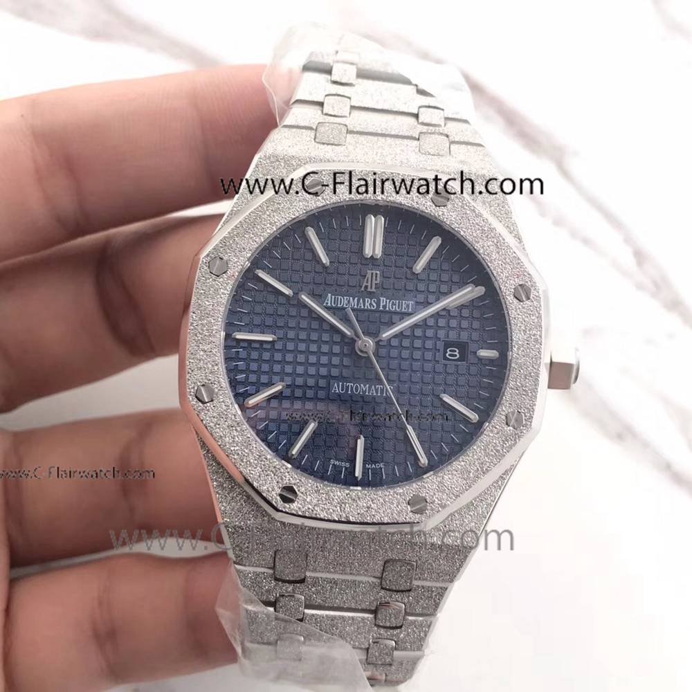 New 2018 Fake Audemars Piguet Frosted White Gold Case Blue Watch